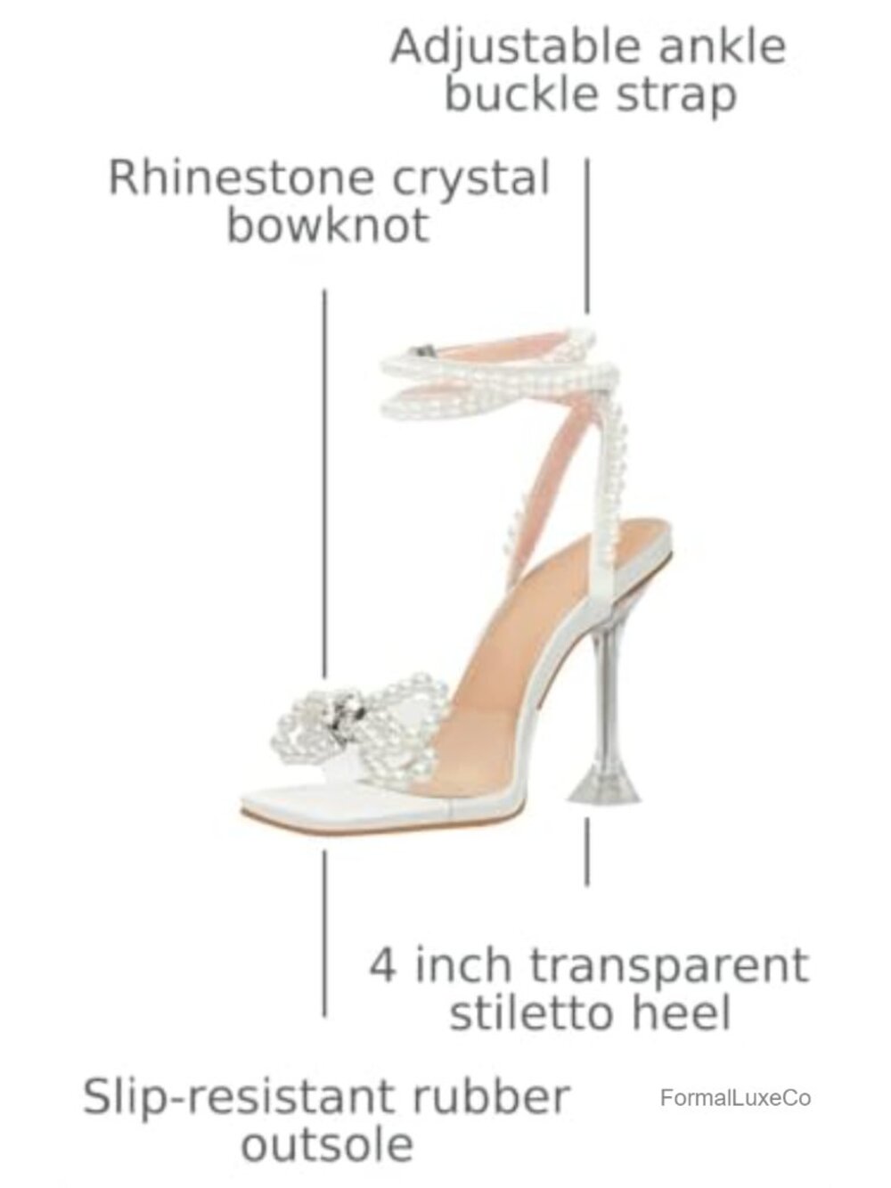 Square Toe Clear Heels Sexy Rhinestone Bow Heels Open Toe Ankle Strap Stiletto - Picture 2 of 6